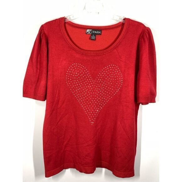 80 Park Women's Rhinestone Heart Short Sleeve Blouse Red Size XL - Picture 1 of 6